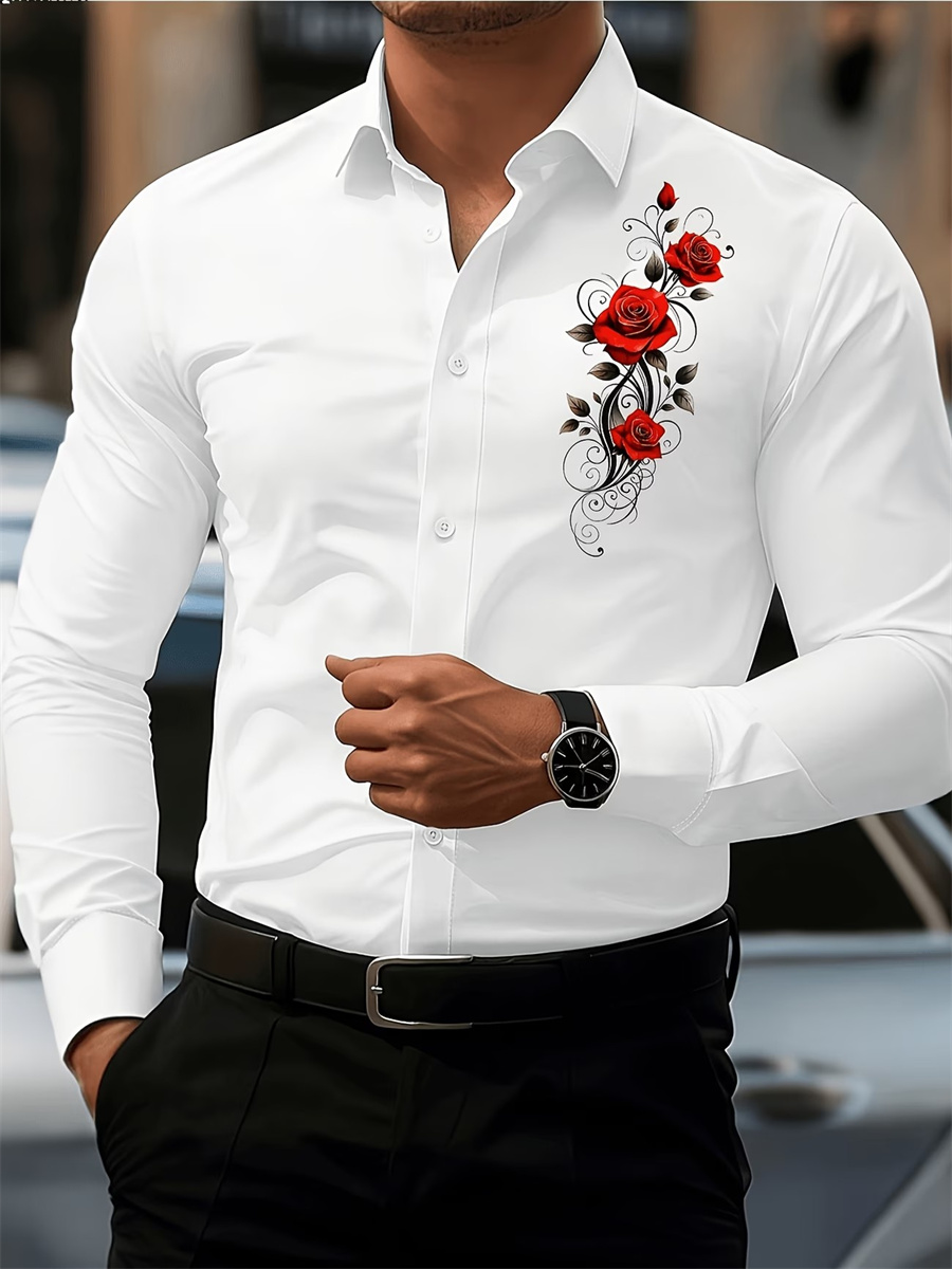 メンズ レッドローズプリント 長袖シャツ、ファッショナブルで - Queer Men'S Fashion のレビューと価格