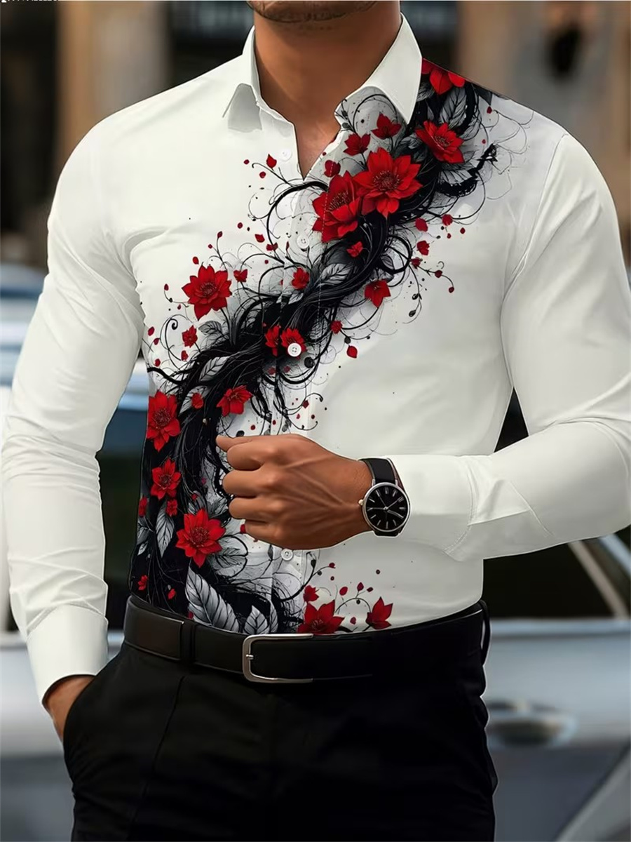 メンズ レッドローズプリント 長袖シャツ、ファッショナブルで - Queer Men'S Fashion のレビューと価格