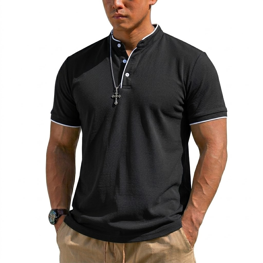 夏半袖ヘンリーシャツ男性ボタンポロシャツクラシック襟なし T - Mens Fashion Modern のレビューと価格