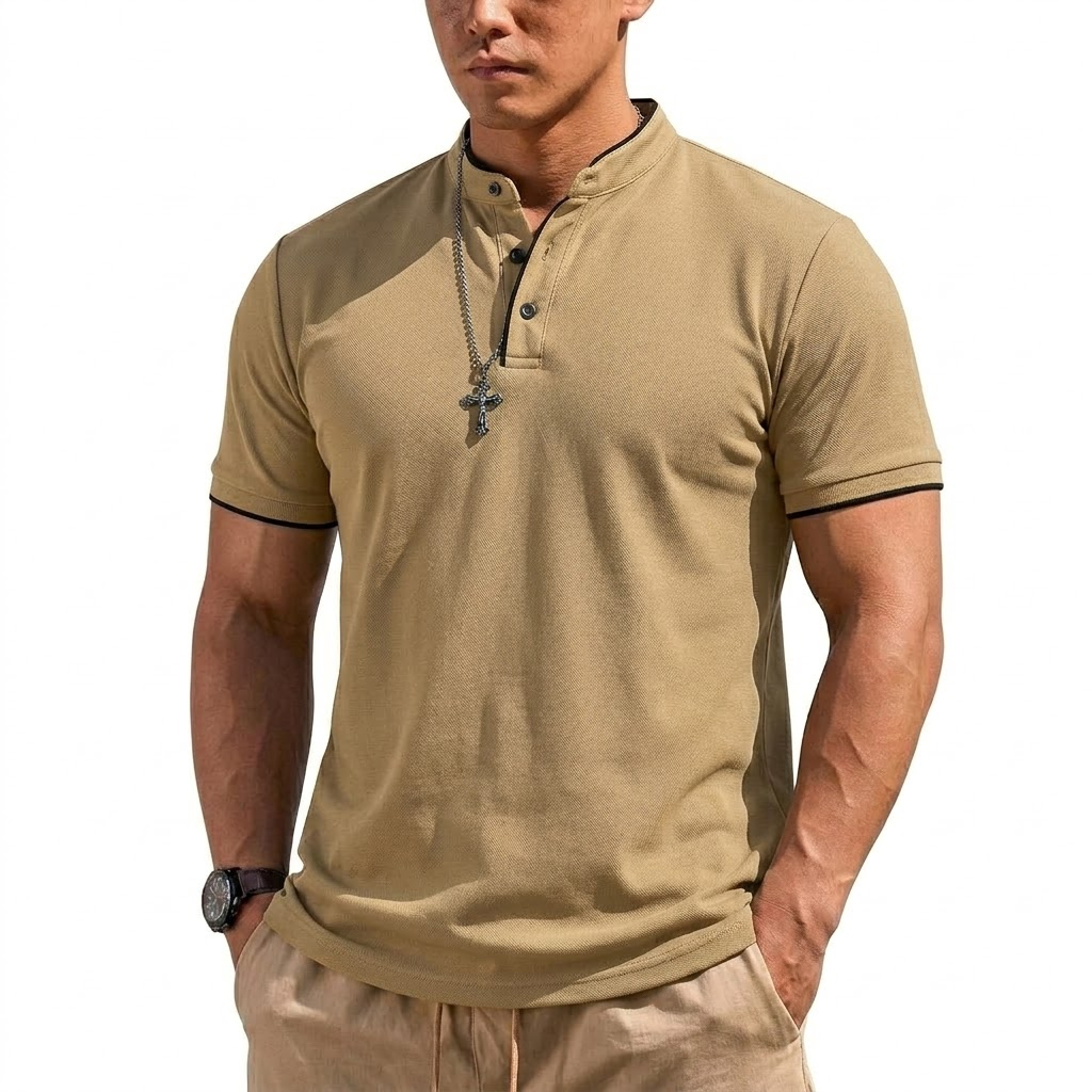 夏半袖ヘンリーシャツ男性ボタンポロシャツクラシック襟なし T - Mens Fashion Modern のレビューと価格