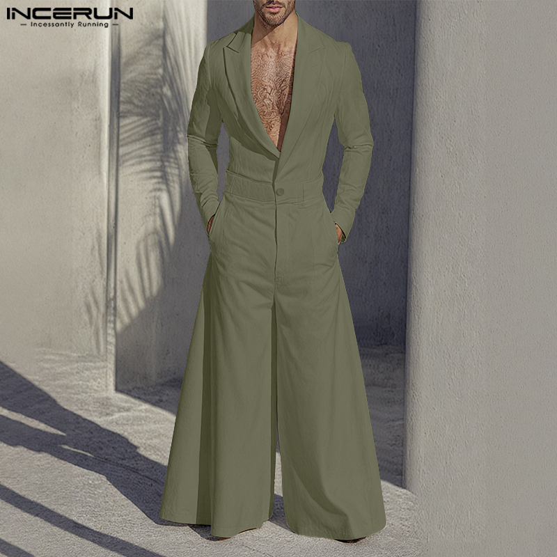 INCERUN 男性ジャンプスーツ無地ラペル長袖 1 ボタン - Mens Fashion Jumpsuit のレビューと価格