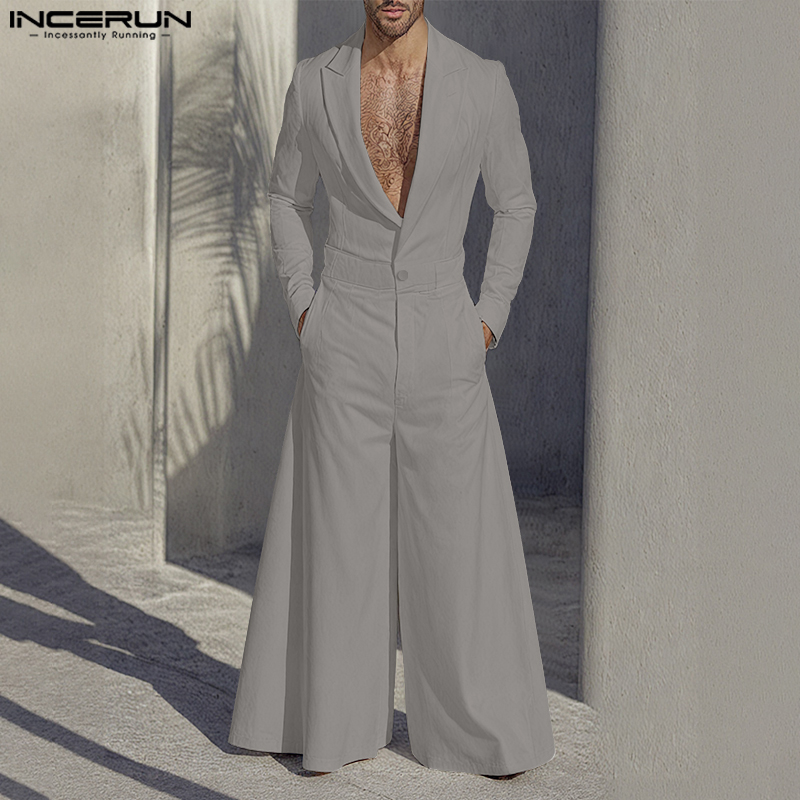 INCERUN 男性ジャンプスーツ無地ラペル長袖 1 ボタン - Mens Fashion Jumpsuit のレビューと価格