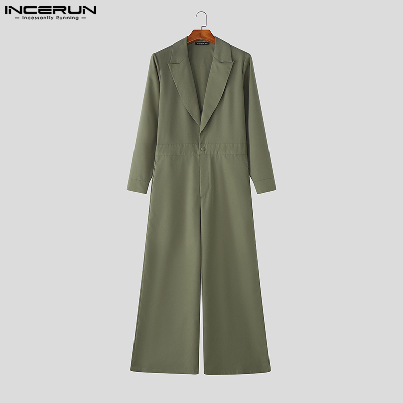 INCERUN 男性ジャンプスーツ無地ラペル長袖 1 ボタン - Mens Fashion Jumpsuit のレビューと価格
