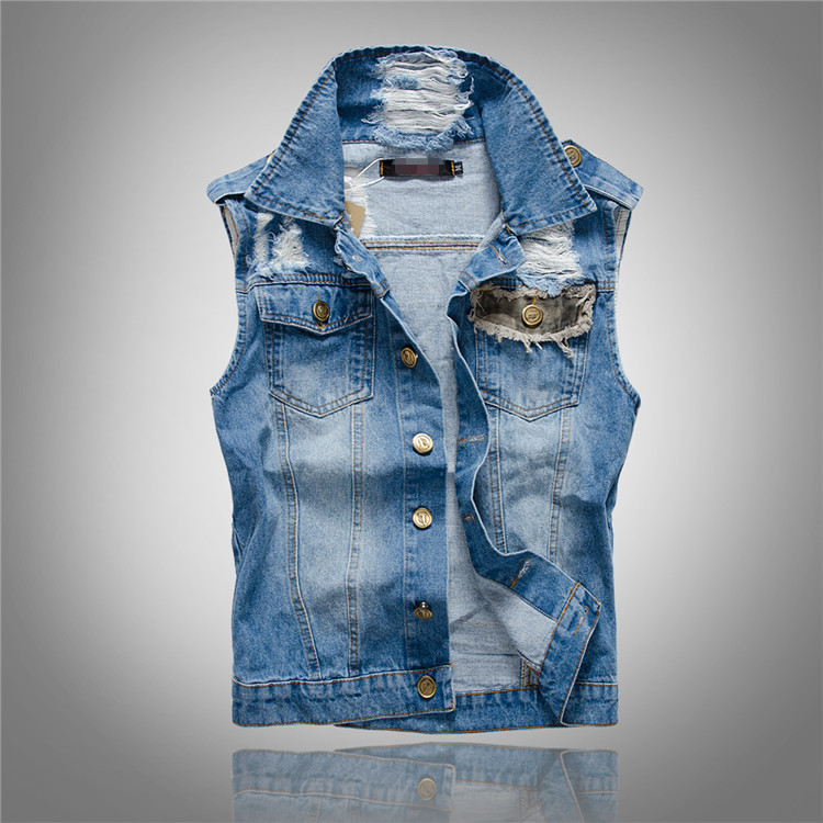 新しいファッション男性ブルーカジュアルリッピングデニムベスト - Men'S Fashion Vest With Jeans のレビューと価格