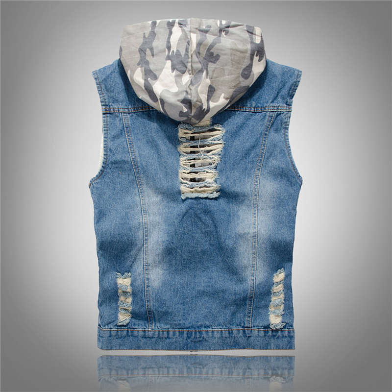 春夏メンズ迷彩フード付きデニムベストレトロ男性リッピングスト - Men'S Fashion Vest With Jeans のレビューと価格