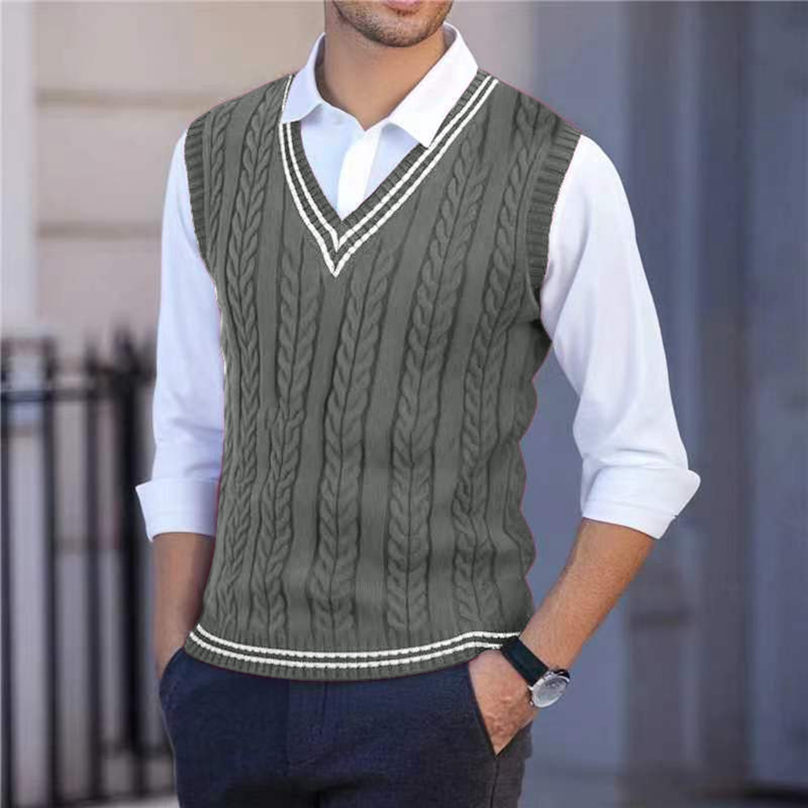 2026年メンズニットVネックセーターベスト、カラーブロック - Men'S Fashion Zip Sweater のレビューと価格